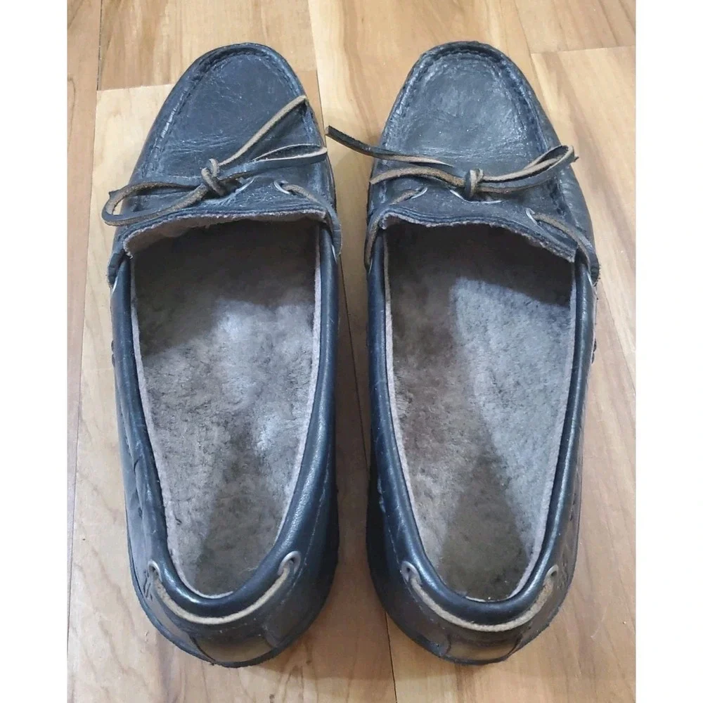 Frye Reagan Campus Driver Sz 9.5 Mens Sherpa Lined Leather Moccasin Black Gray